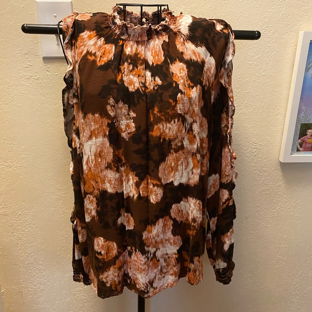 Maurices Cream and Brown Ruffled Blouse with Mandarin Collar
